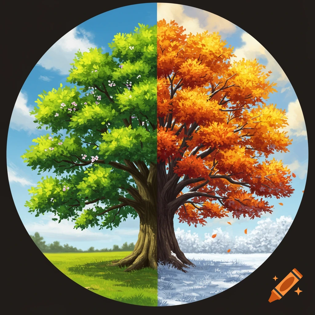 A circular image of a tree split vertically, showing green spring leaves on one side and orange autumn leaves and snow on the other.