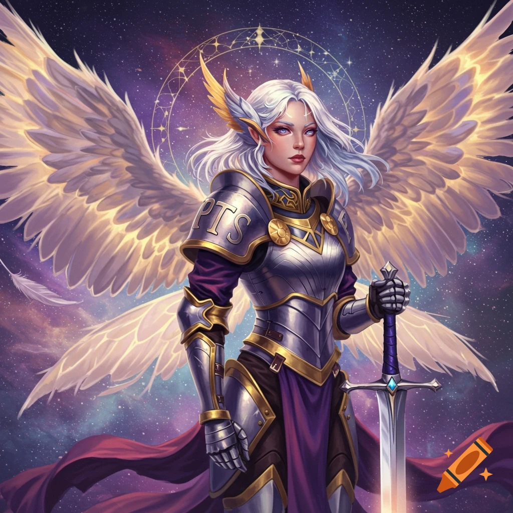 A winged knight in shining armor holds a sword against a starry sky.