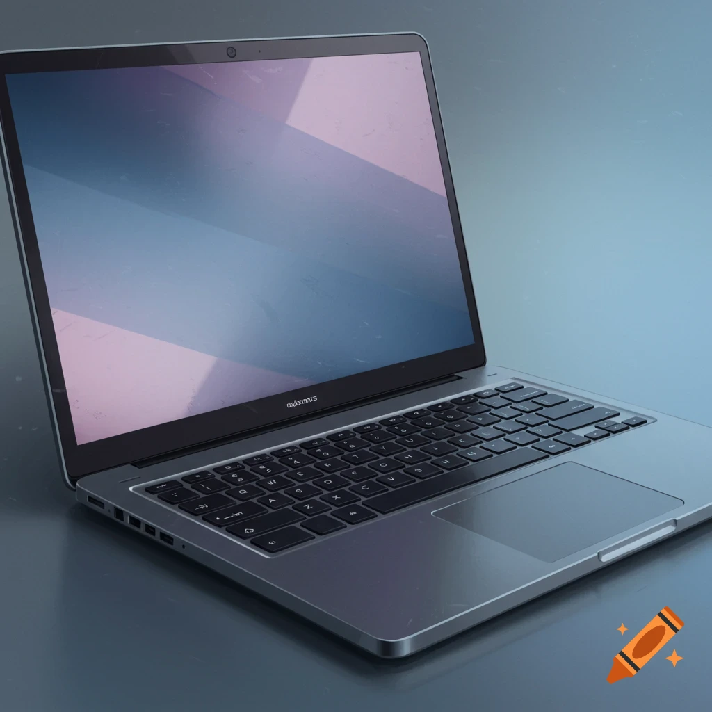 A dark grey laptop with a colorful abstract background on the screen, viewed from an angle.