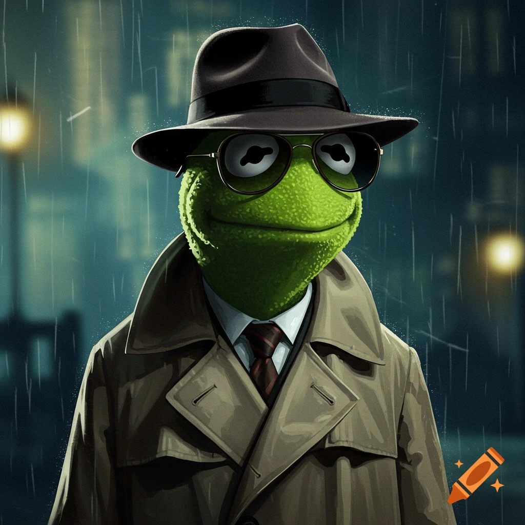 Kermit the Frog in a trench coat and fedora in the rain.