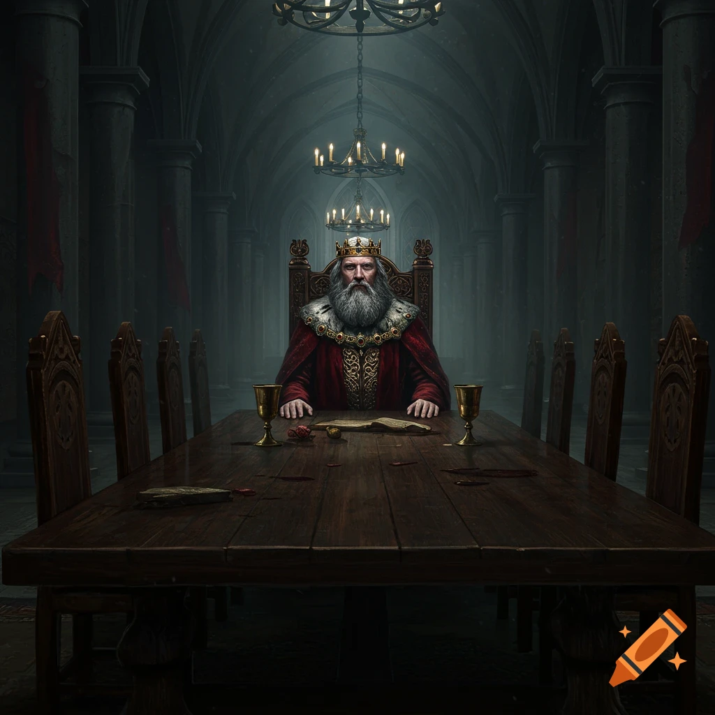 A king with a beard and crown is sitting alone at a long table in a dark, cavernous hall.