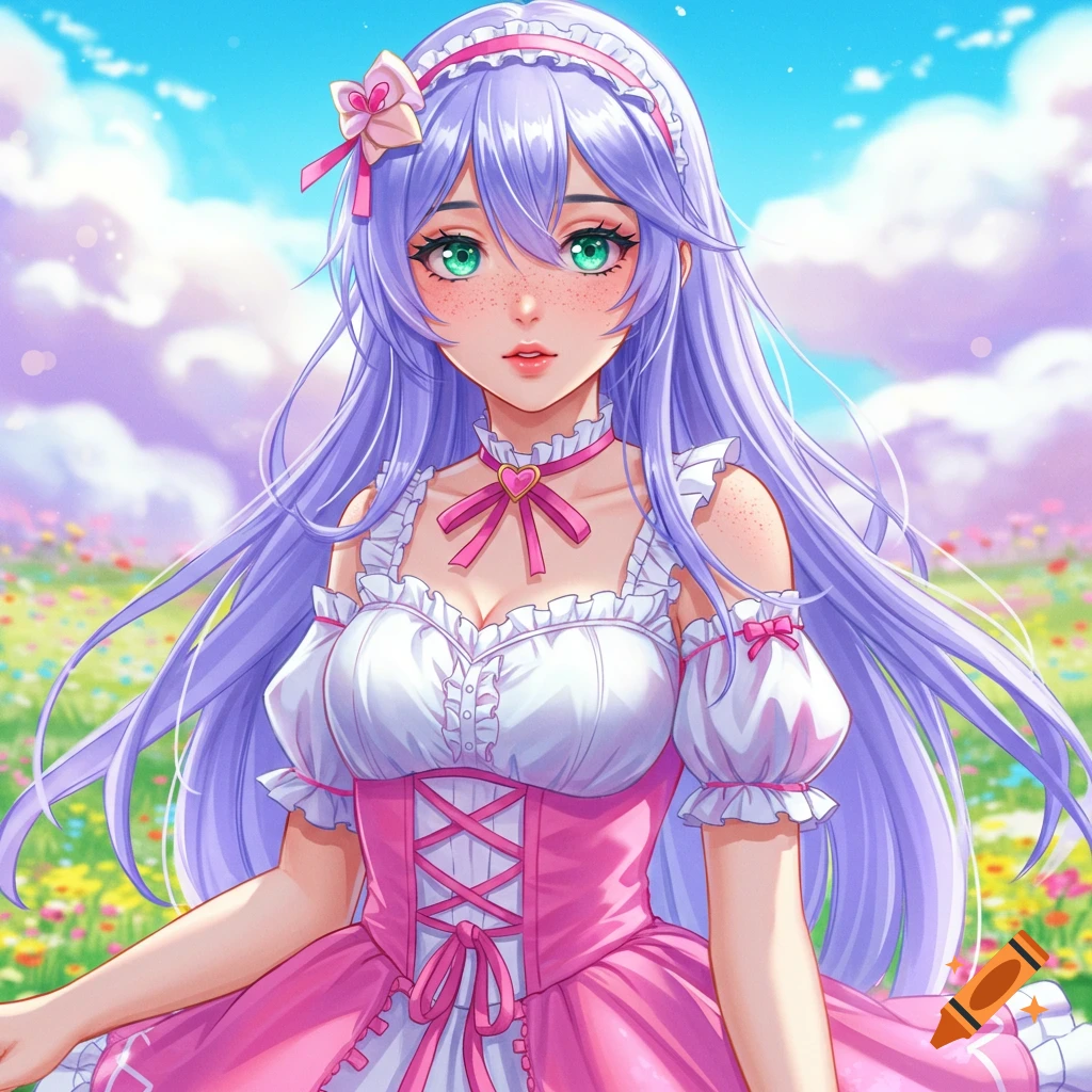 Anime girl with purple hair and green eyes in a pink and white dress, standing in a field of flowers under a blue sky.