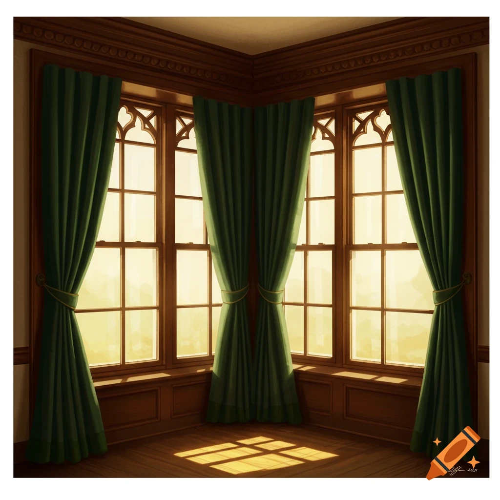 Bay windows with dark green curtains and light streaming in