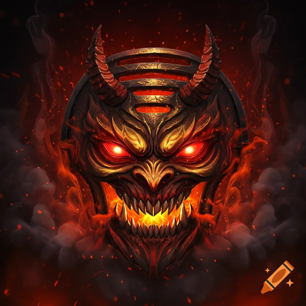 A fierce demonic face with horns, glowing eyes, and fangs, engulfed in fire and smoke.
