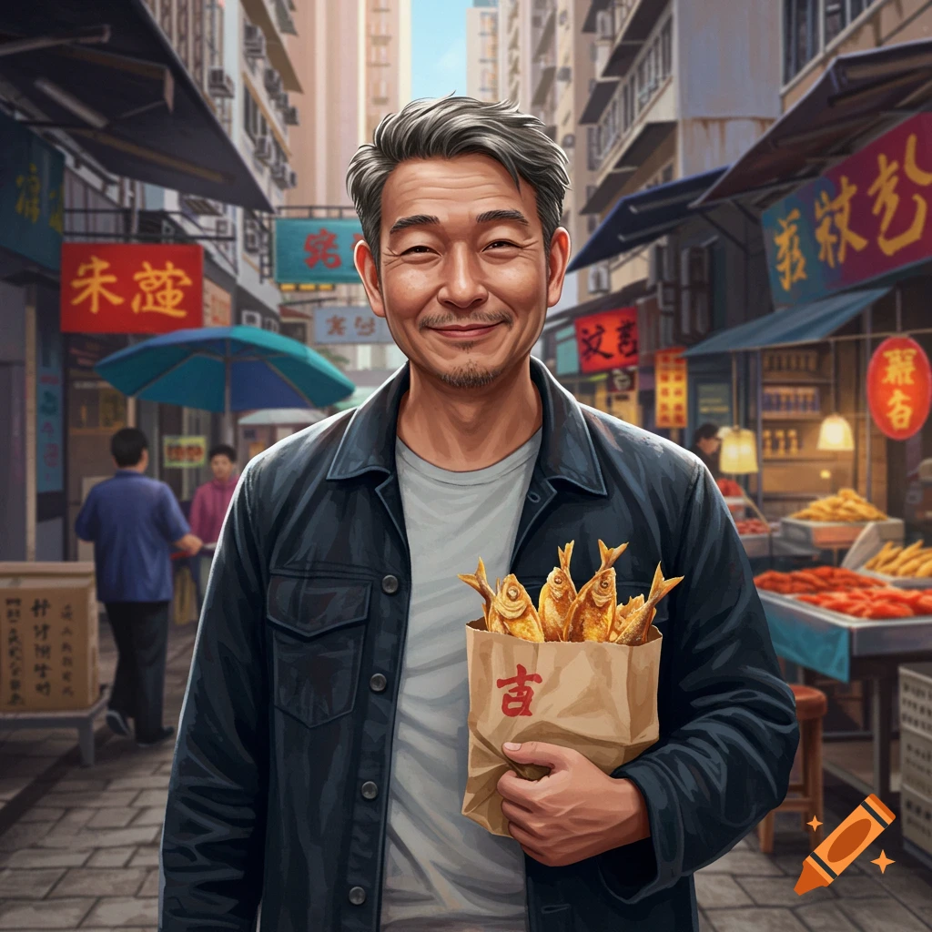 A smiling man holding a bag of dried fish in a bustling market.