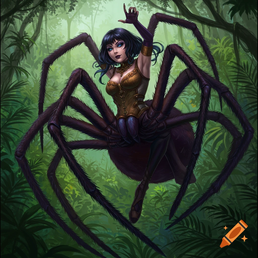 A spider woman in a jungle.