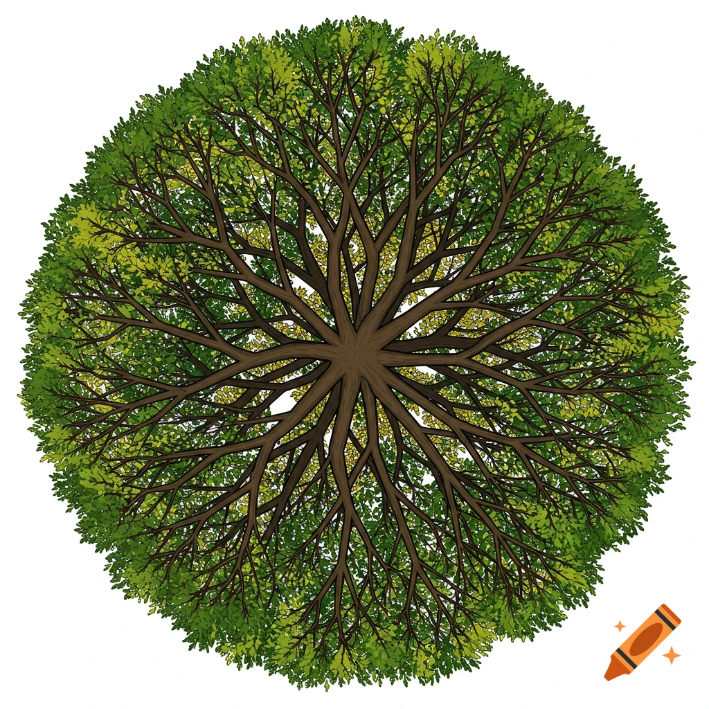 Top-down view of a green tree with brown branches in a vector art style.