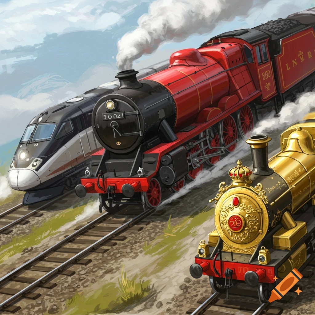 Shows three trains - black, red, and gold - speeding on tracks.
