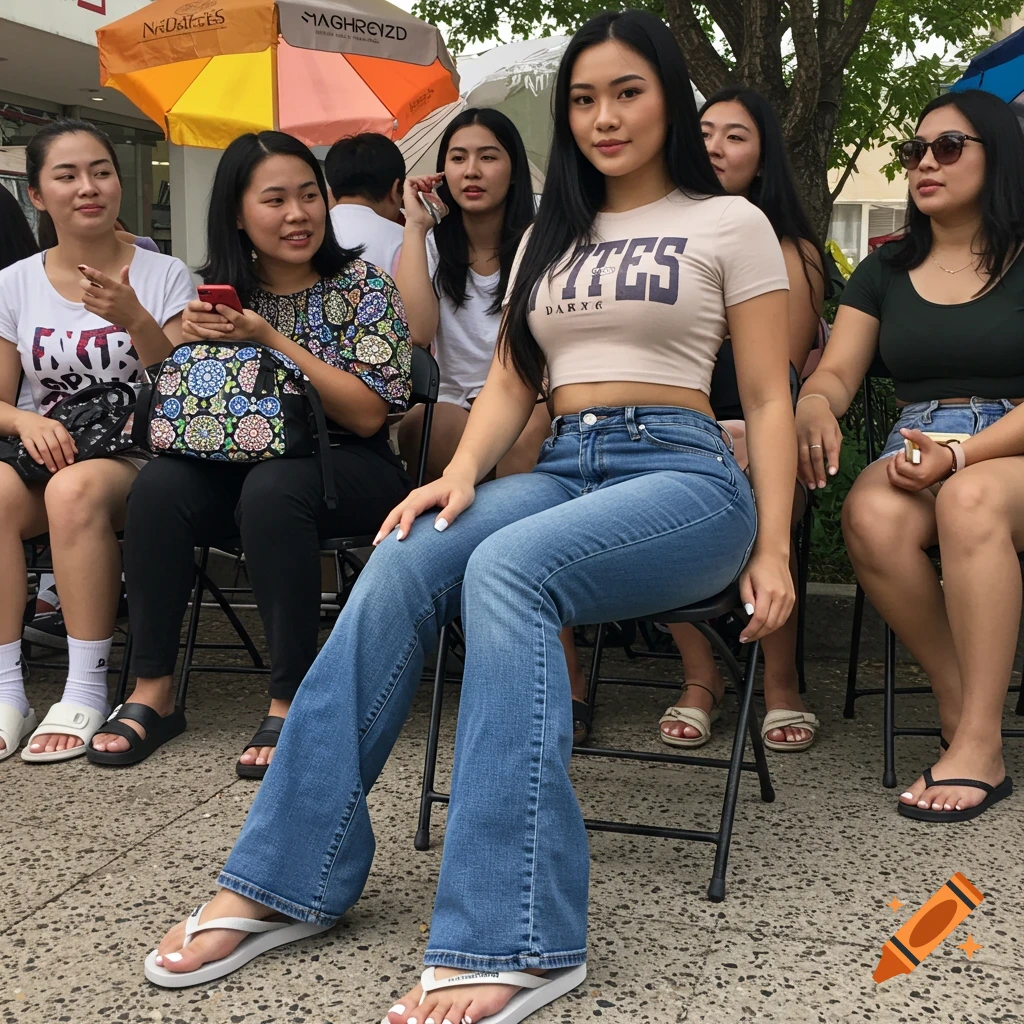 A woman sits outside in a street scene wearing a crop top and flared jeans. Other people sit nearby.