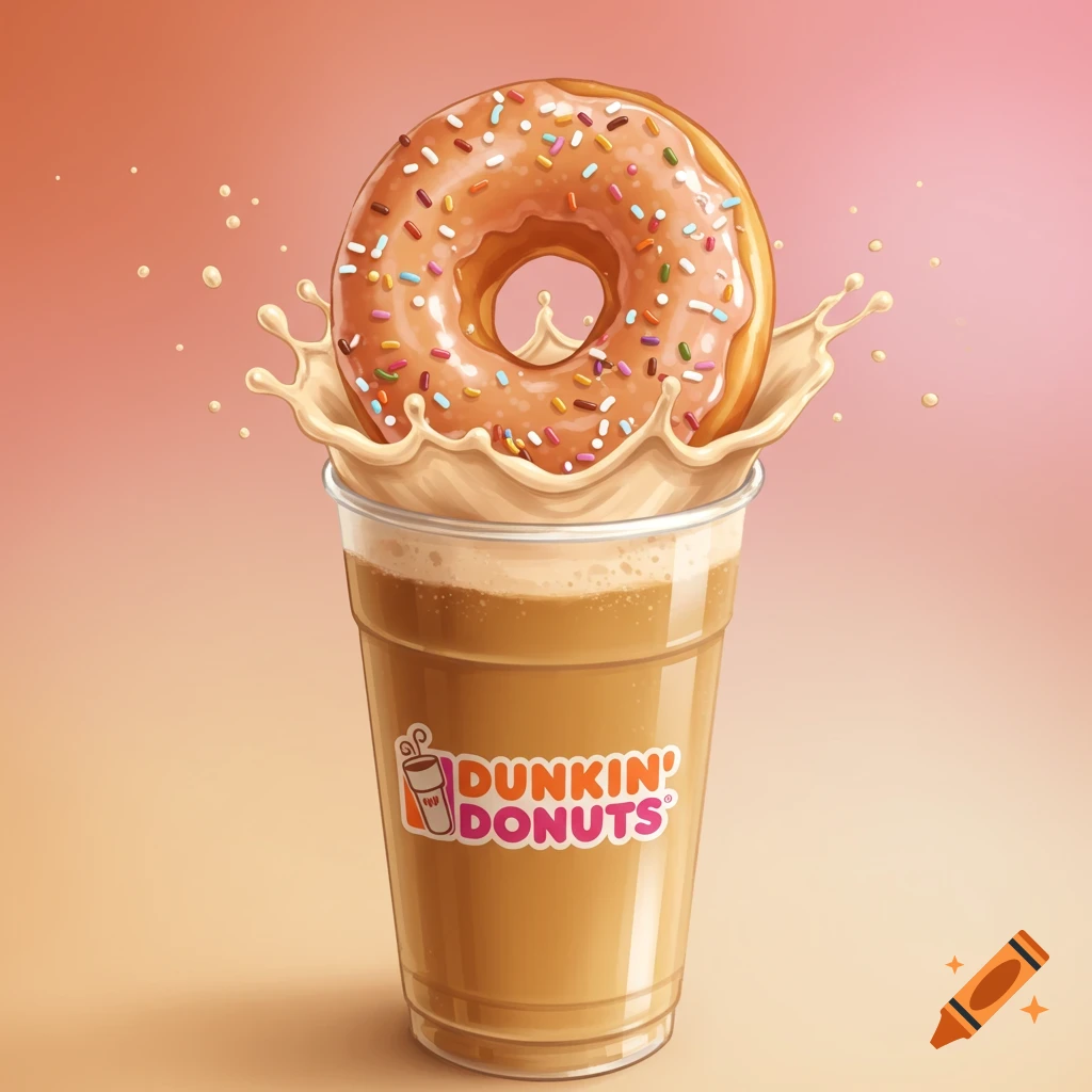 A donut splashes into a Dunkin' Donuts coffee cup, digital illustration.