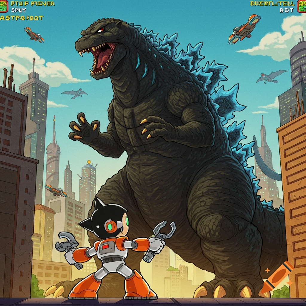 A giant Godzilla looms over Astro Boy in a city.