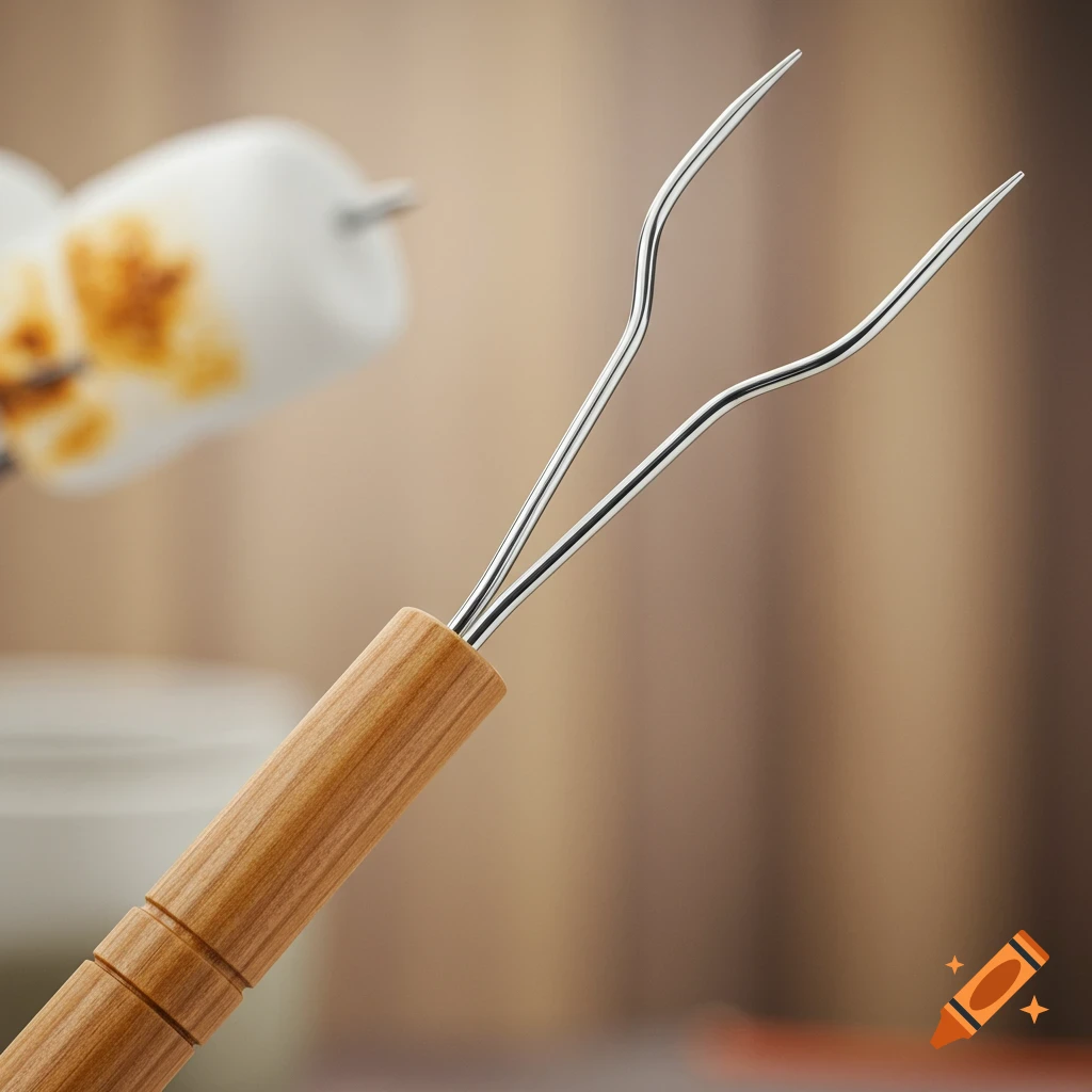 Close-up of a metal marshmallow roasting stick with a wooden handle and two prongs. A roasted marshmallow is blurred in the background.