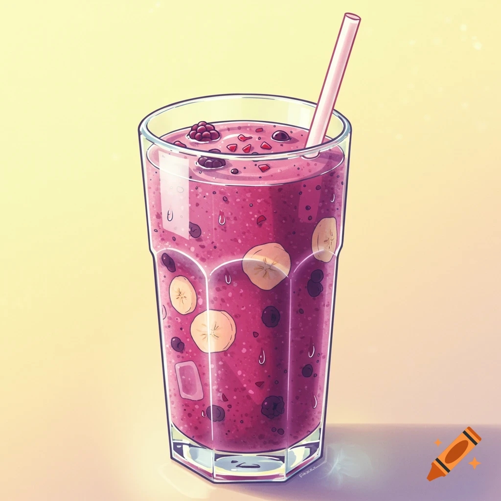 Drawing of a glass of berry and banana smoothie with a pink straw.
