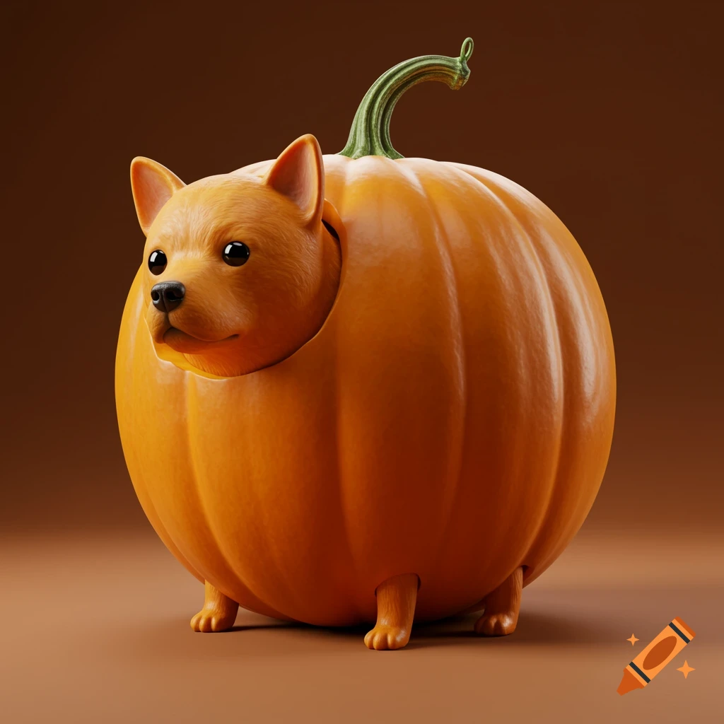A surreal digital art image of a dog's head and paws emerging from a large, round pumpkin on a brown background.