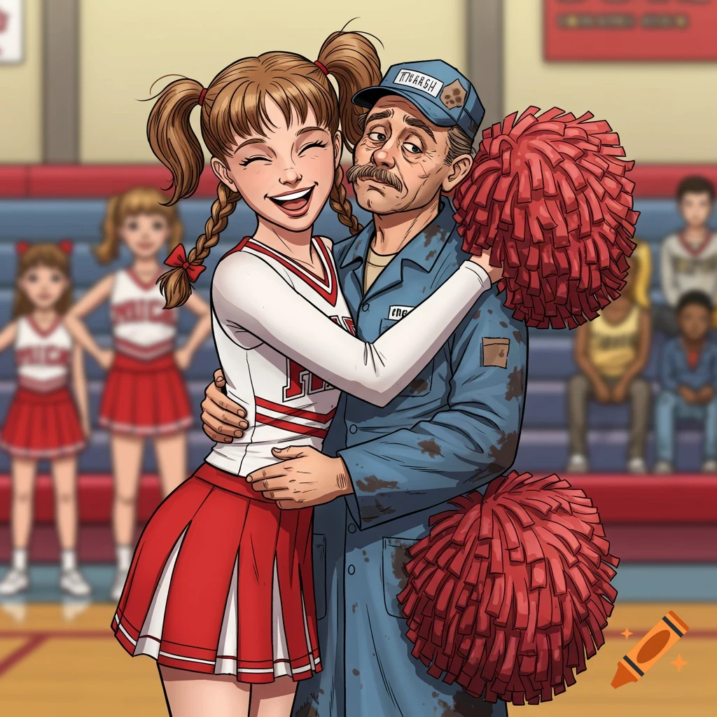 A cheerleader hugging a janitor in a gymnasium.