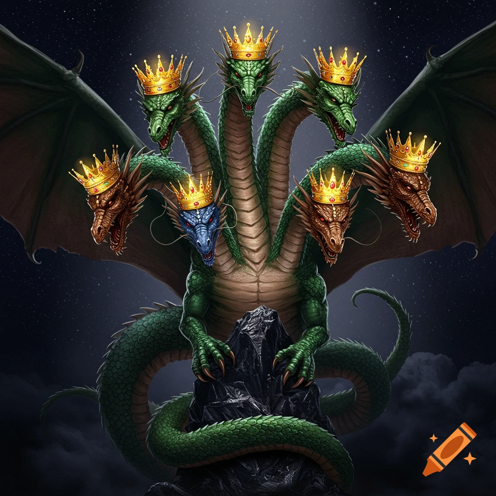A seven-headed dragon with gold crowns stands on a rock under a starry sky.