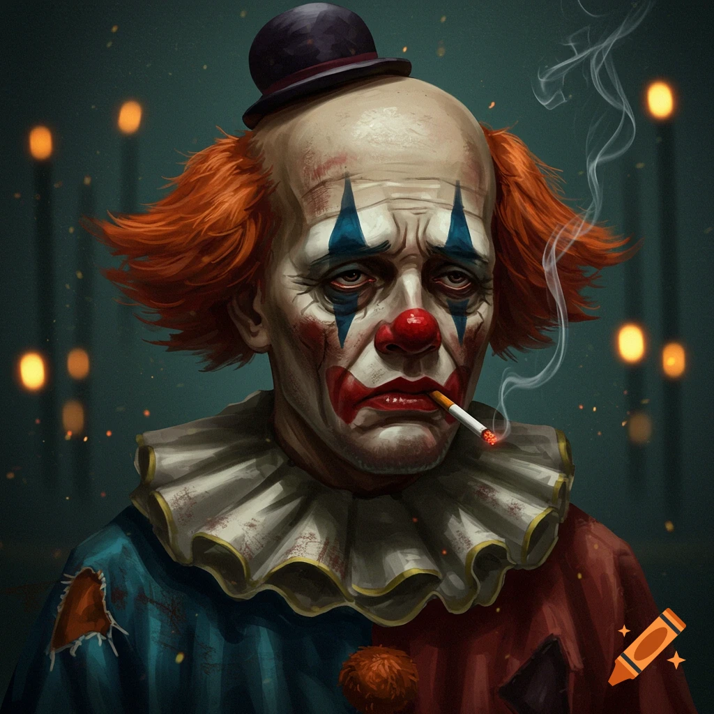 A sad clown wearing a bowler hat and smoking a cigarette, with blurred lights in the background.