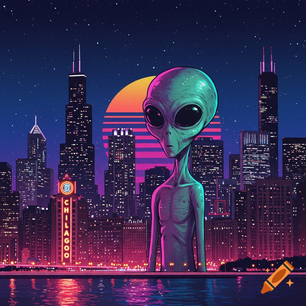 A green alien stands in front of a synthwave-style city skyline with a sunset behind.