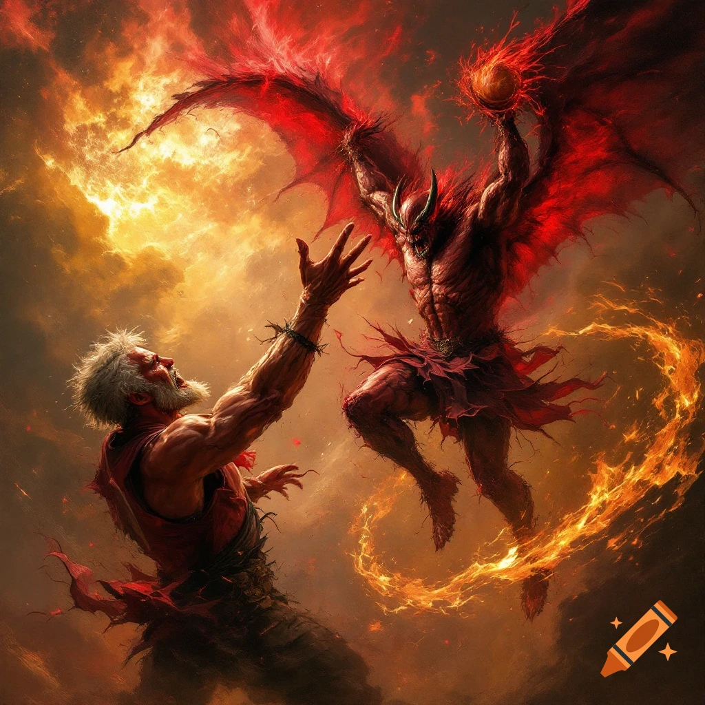 A bearded figure in red reaches towards a winged devil holding a fiery orb, against a fiery sky.