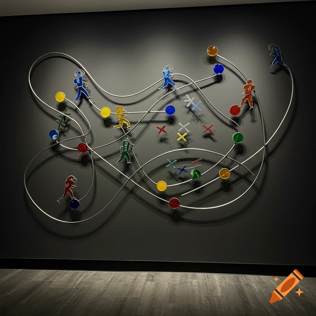 Wall sculpture depicting a football play with metal rods and colored glass markers.