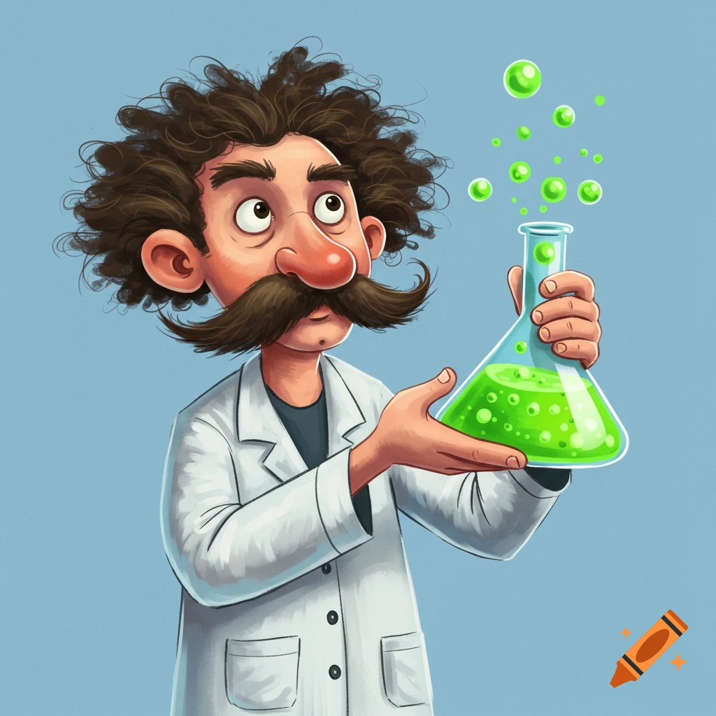 Cartoon scientist holding a beaker with bubbling green liquid