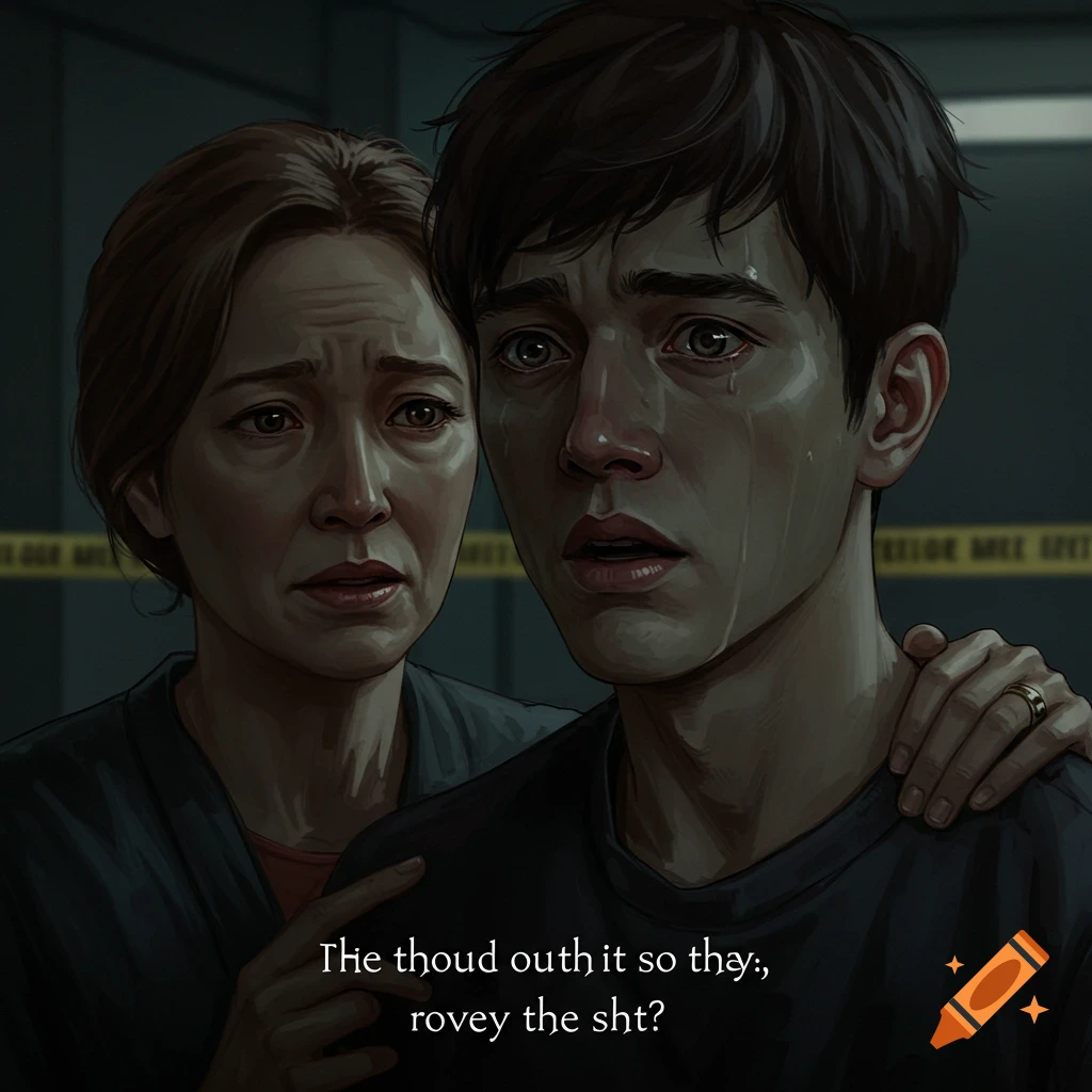 Two distressed people, one crying, with caution tape in the background.