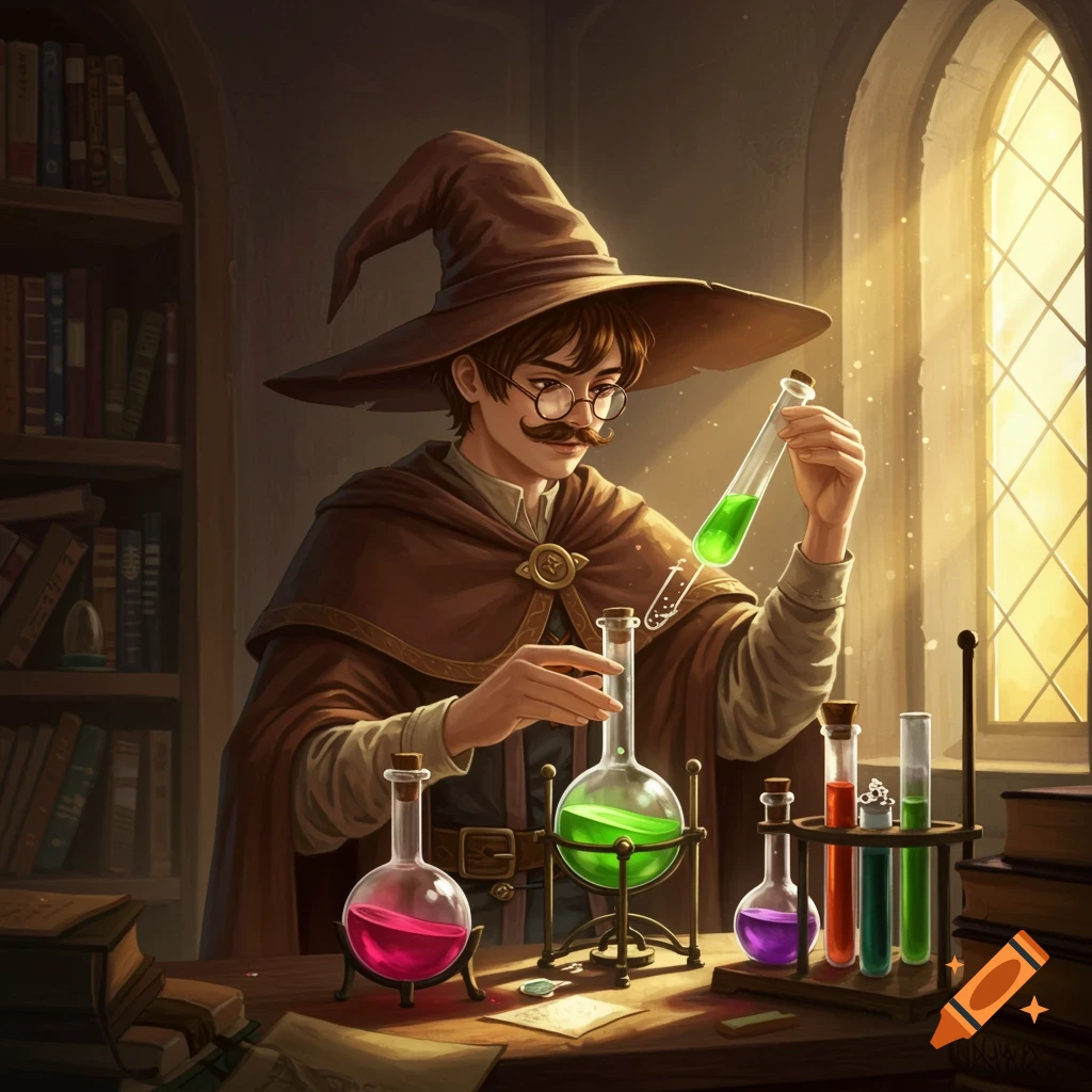 A young wizard in a fantasy lab practices alchemy with glowing potions.