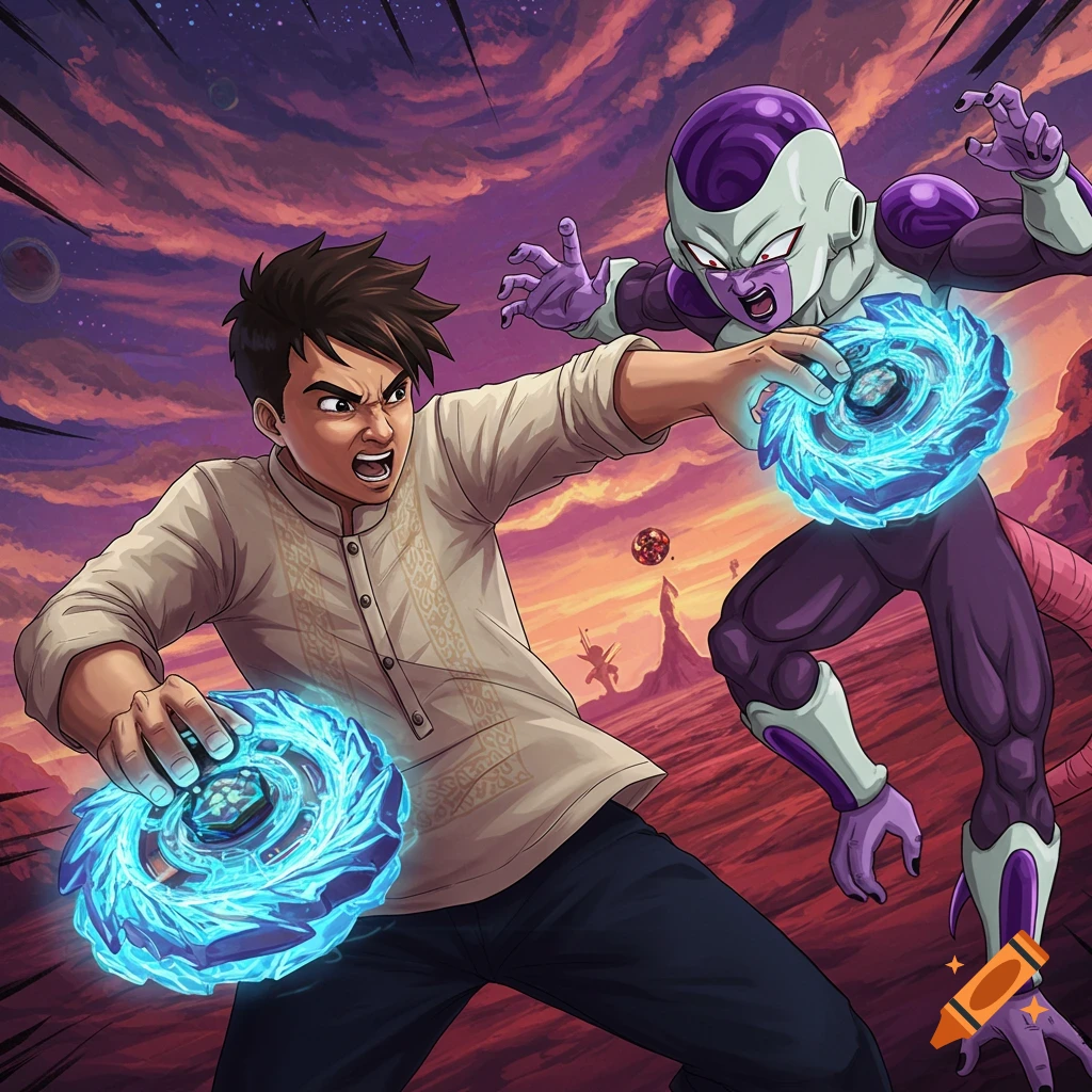 A man fighting Frieza from Dragon Ball Z using Beyblades in an otherworldly landscape.
