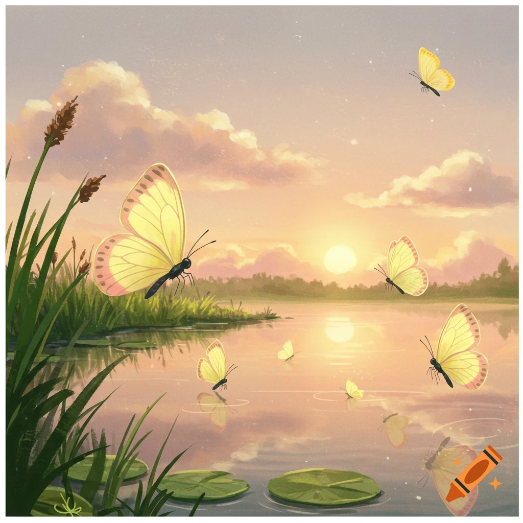 Yellow butterflies flying near a lake at sunset.