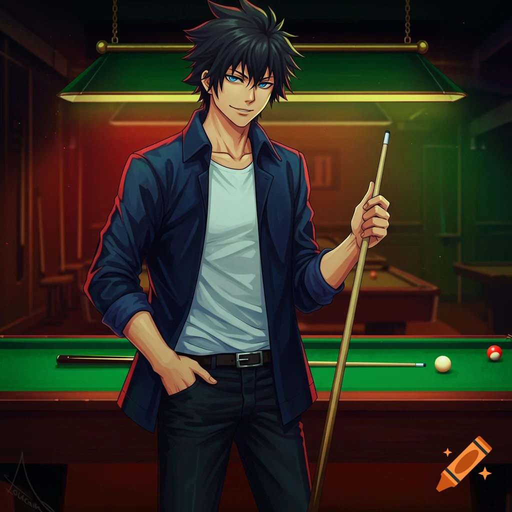 Anime character holding a pool cue in a pool hall.