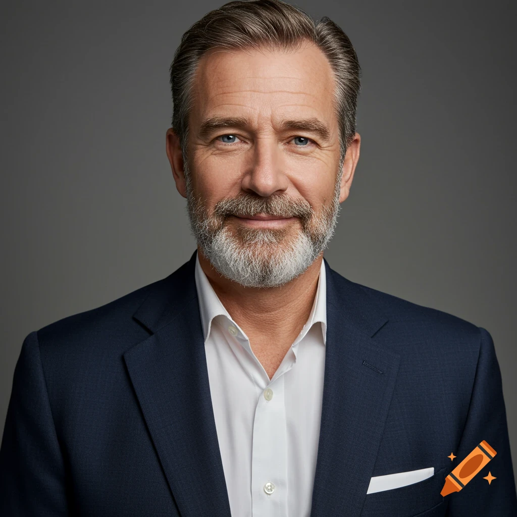 A photorealistic portrait of a handsome man in a suit.