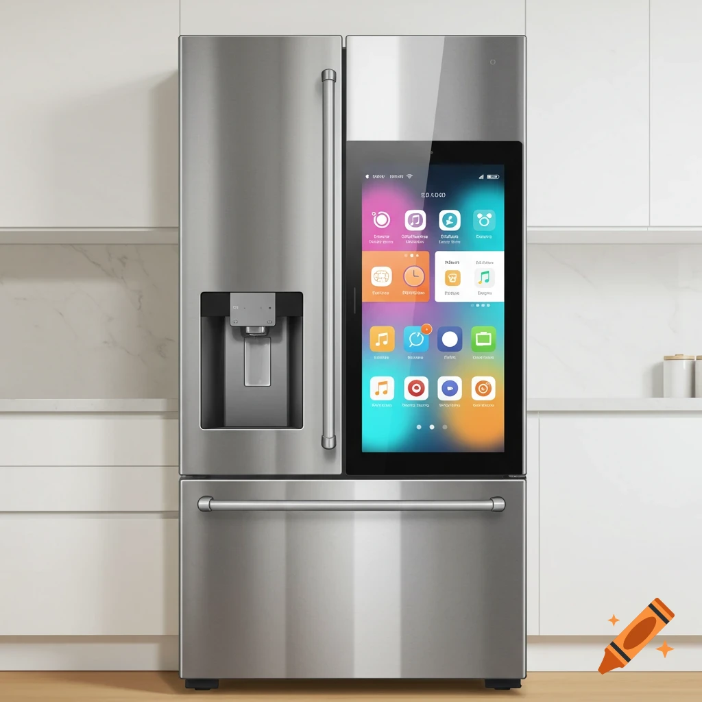 A stainless steel smart fridge with a large touch screen display in a kitchen.