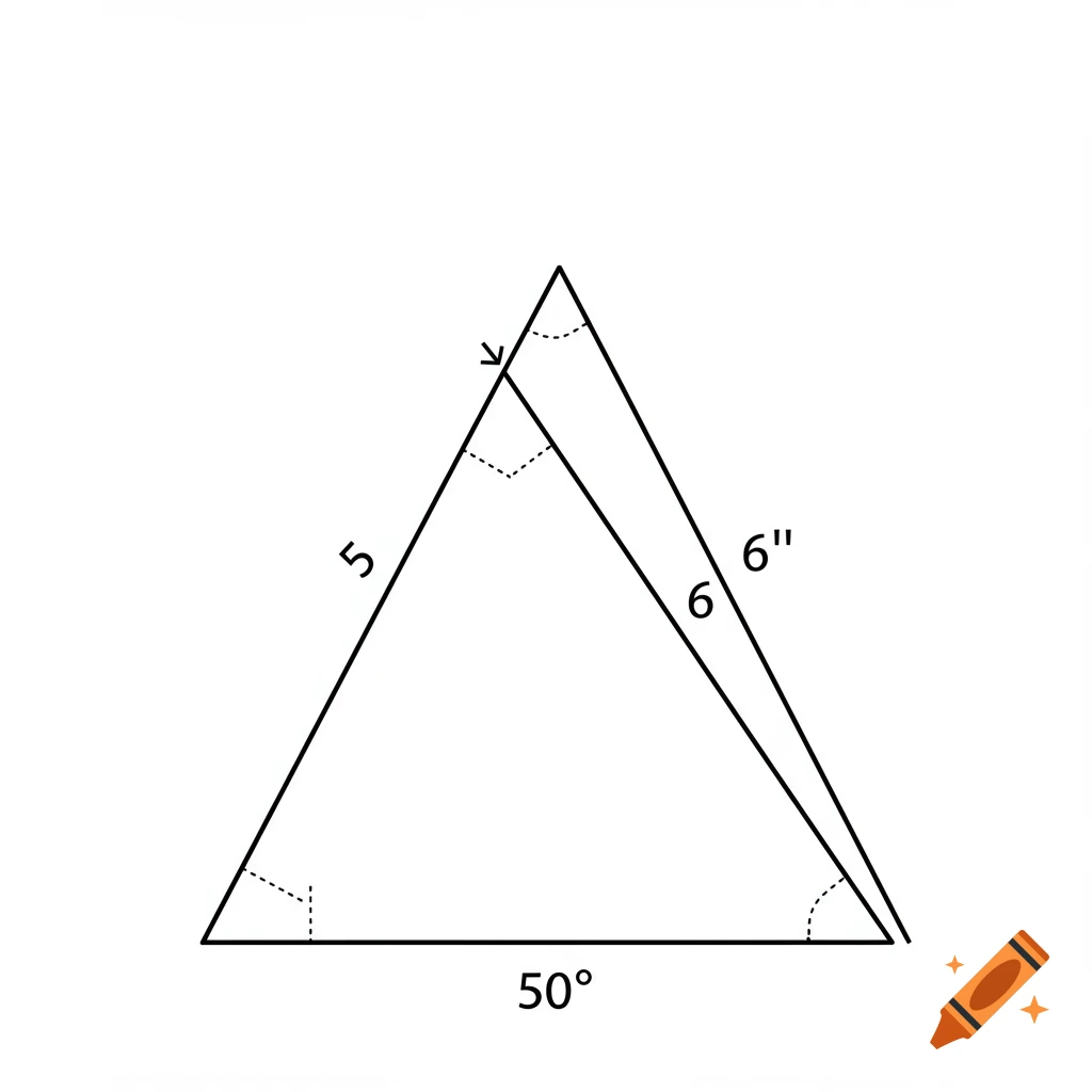 Black and white line drawing of a triangle with side lengths 5 and 6, and a 50 degree angle labeled.