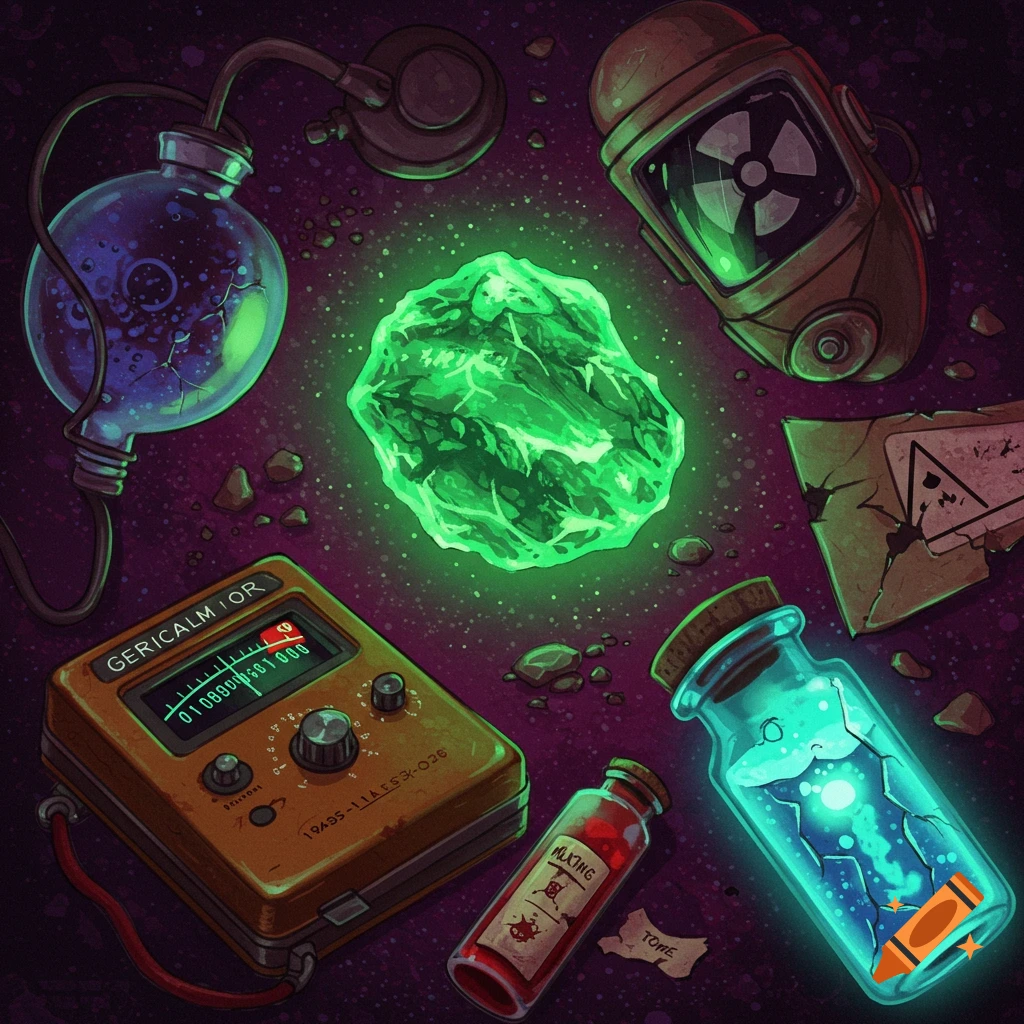 Radioactive items depicted: a glowing green crystal, a gas mask, a meter, a flask, and potions.