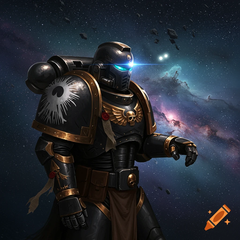 A space marine in black and gold armor standing in space against a nebula background.