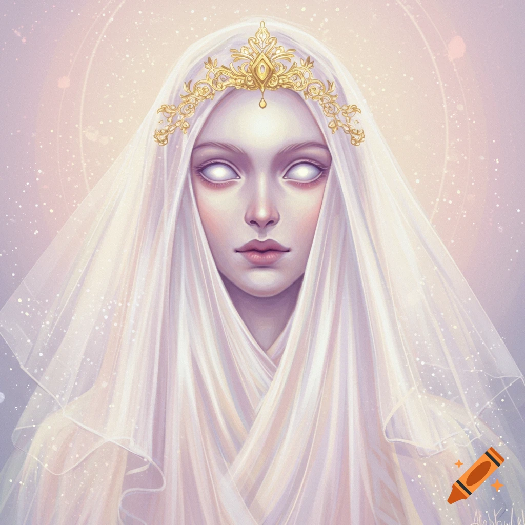 Portrait of a pale figure with white void eyes wearing a golden headpiece and white veil.