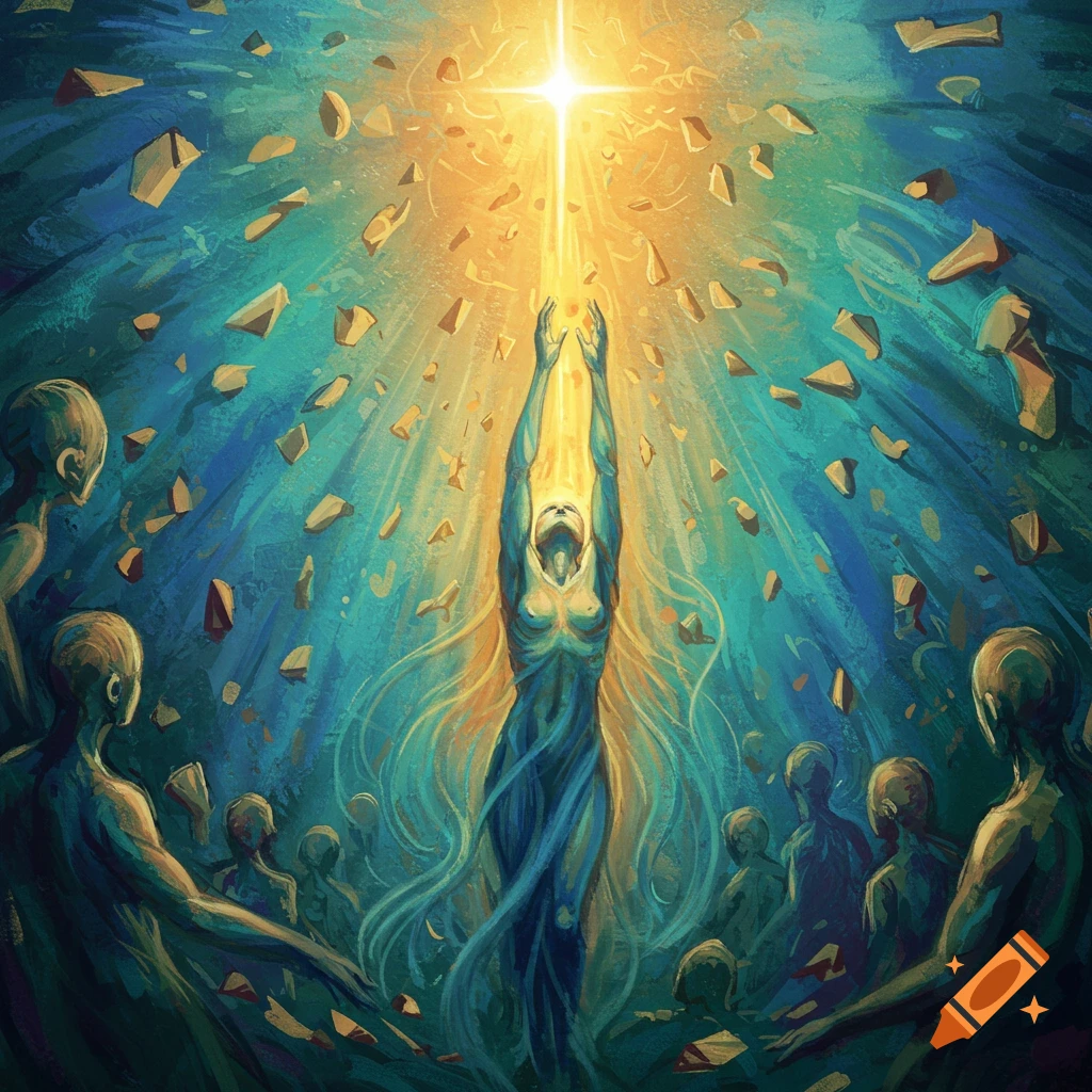 Stylized figure reaches towards bright light as abstract shapes and figures surround them.
