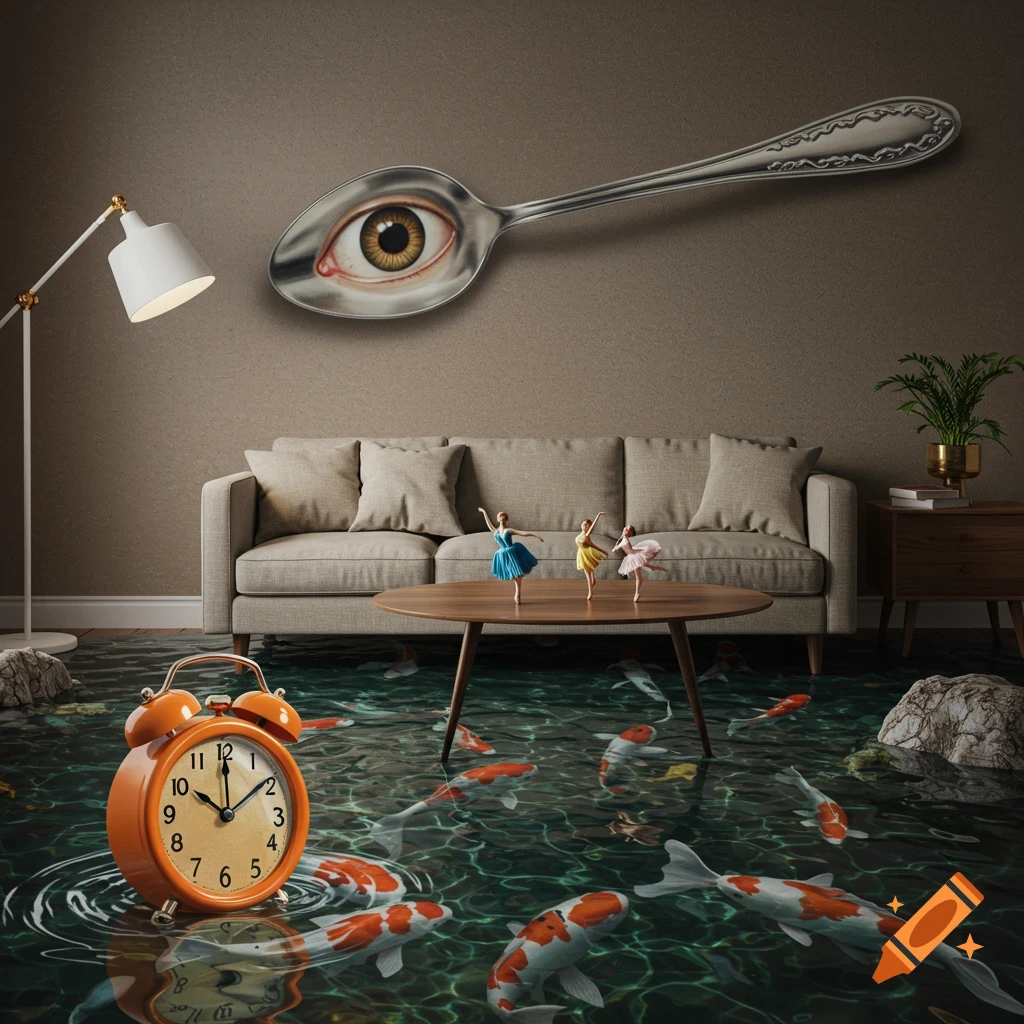 Surreal living room with river floor, koi fish, giant spoon with eye, melting clock, and tiny ballerinas.