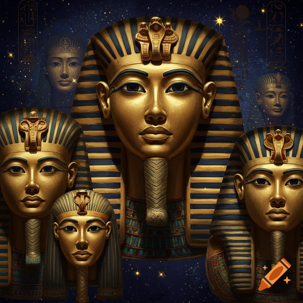 Golden Egyptian pharaoh masks against a starry background with hieroglyphs