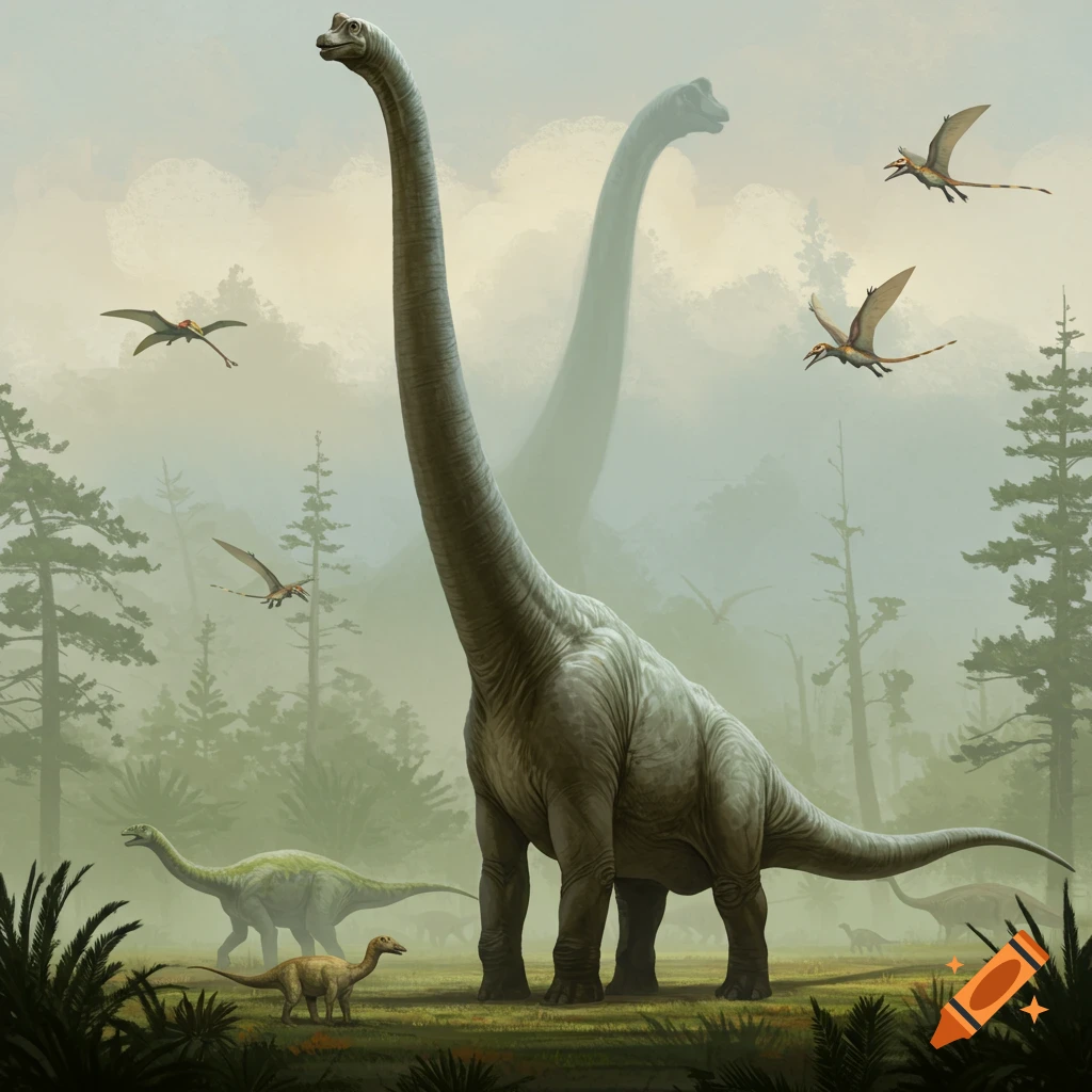 Dinosaurs and pterosaurs in a misty prehistoric forest