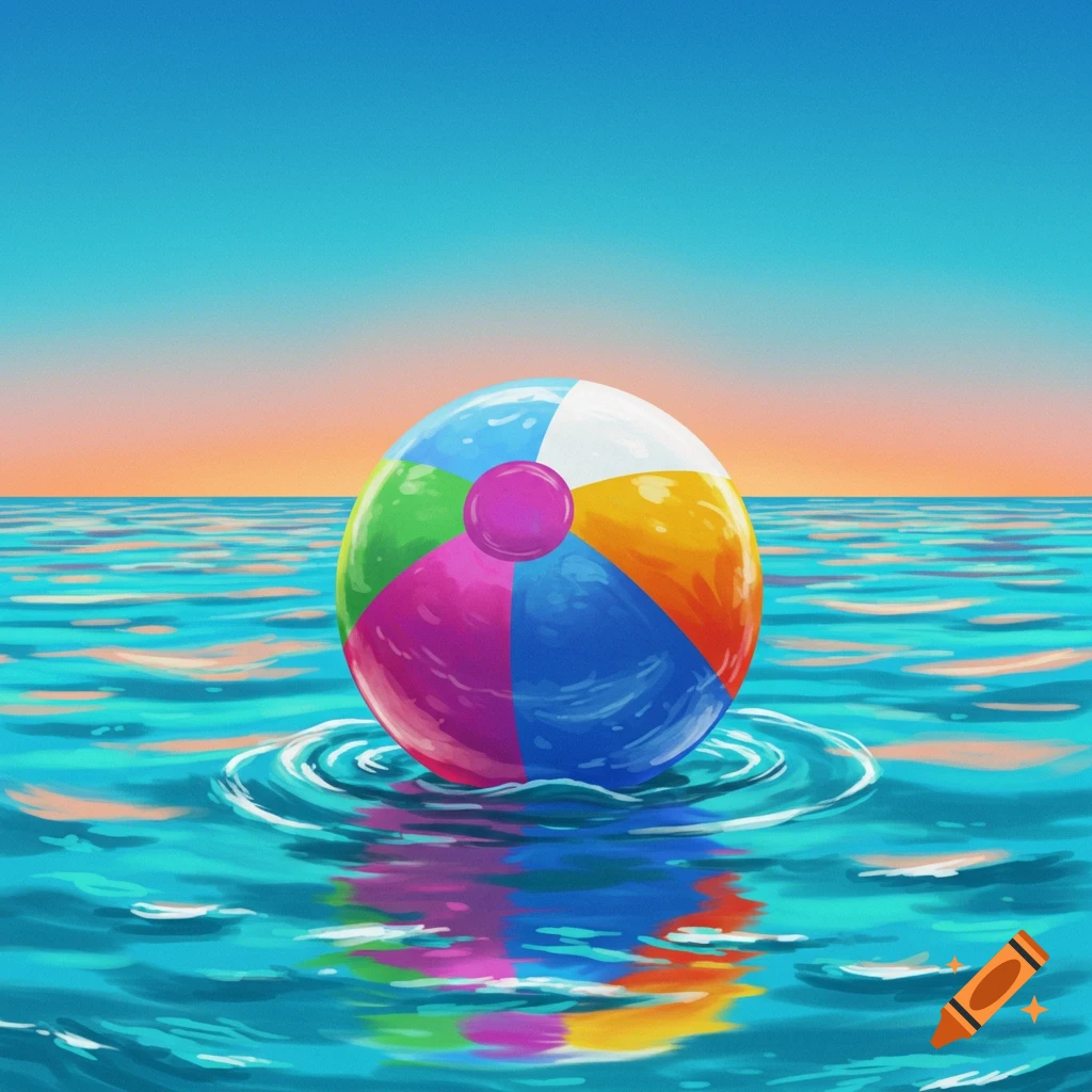 A colorful beach ball floats on bright blue ocean water under an orange and blue sky.