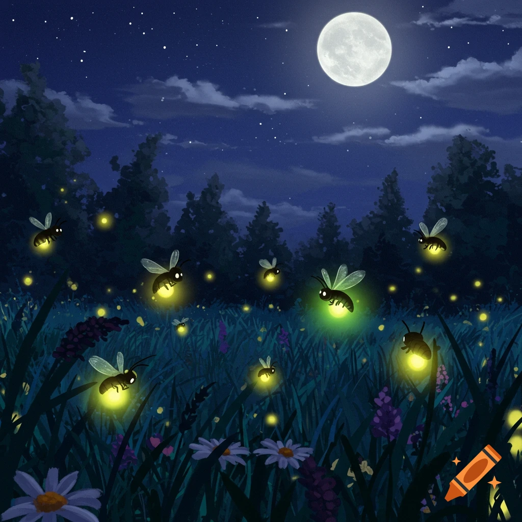 Fireflies glowing in a grassy meadow at night under a full moon.