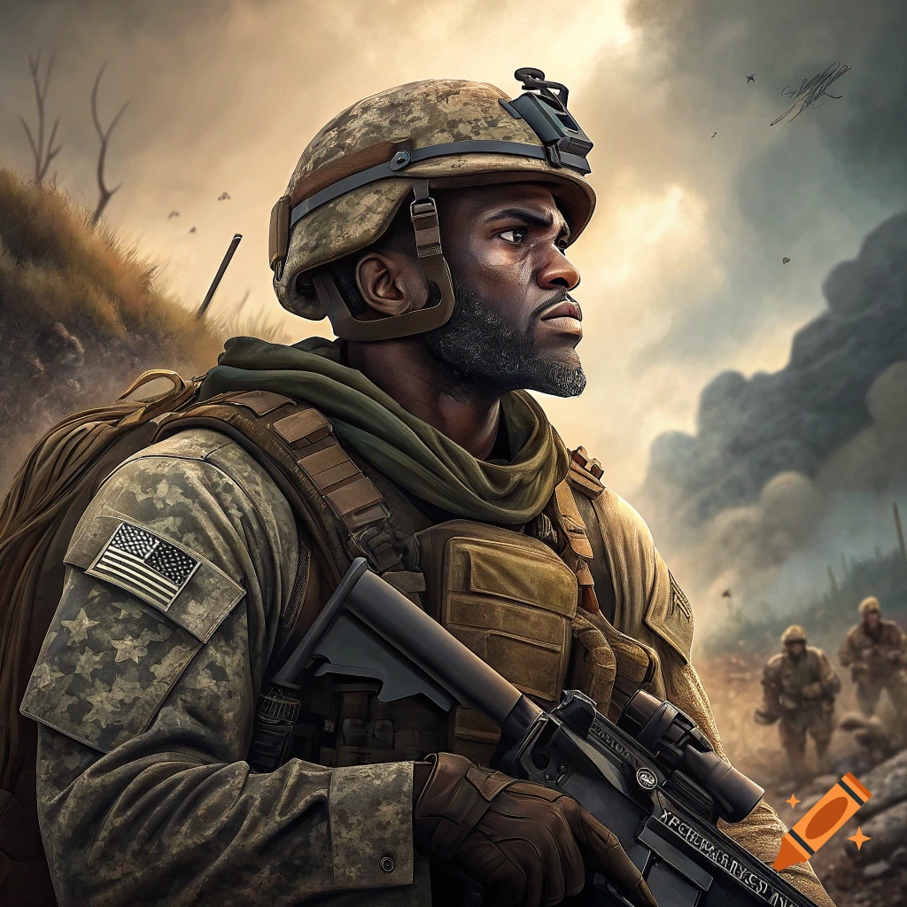 A close-up portrait of a soldier in tactical gear with a rifle, set against a battlefield background.