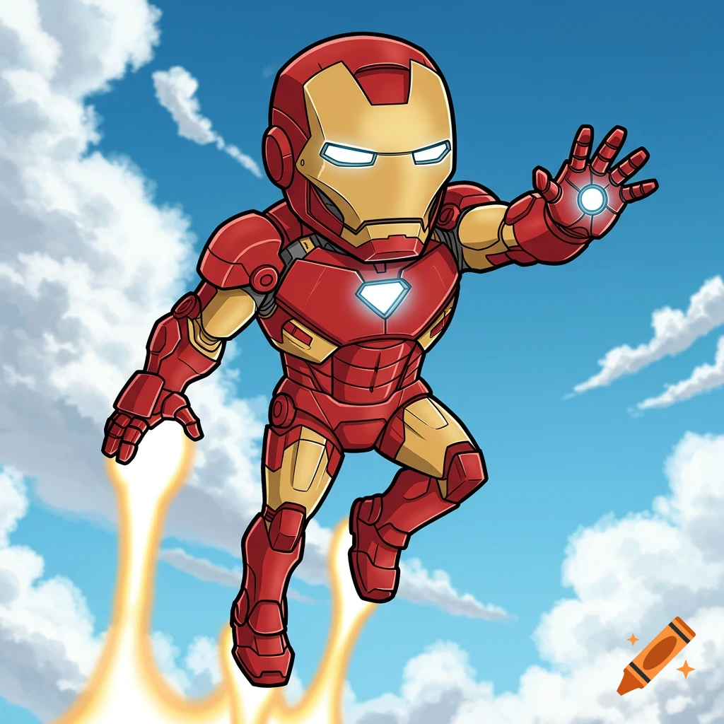 Cartoon Iron Man flying in cloudy sky