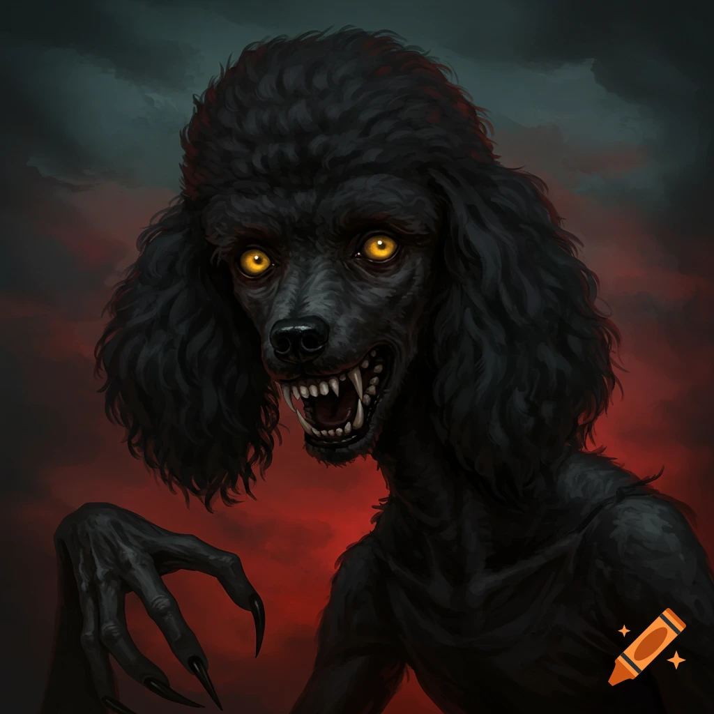 A monstrous black creature with a poodle head, glowing yellow eyes, sharp teeth, and clawed hands against a dark red background.