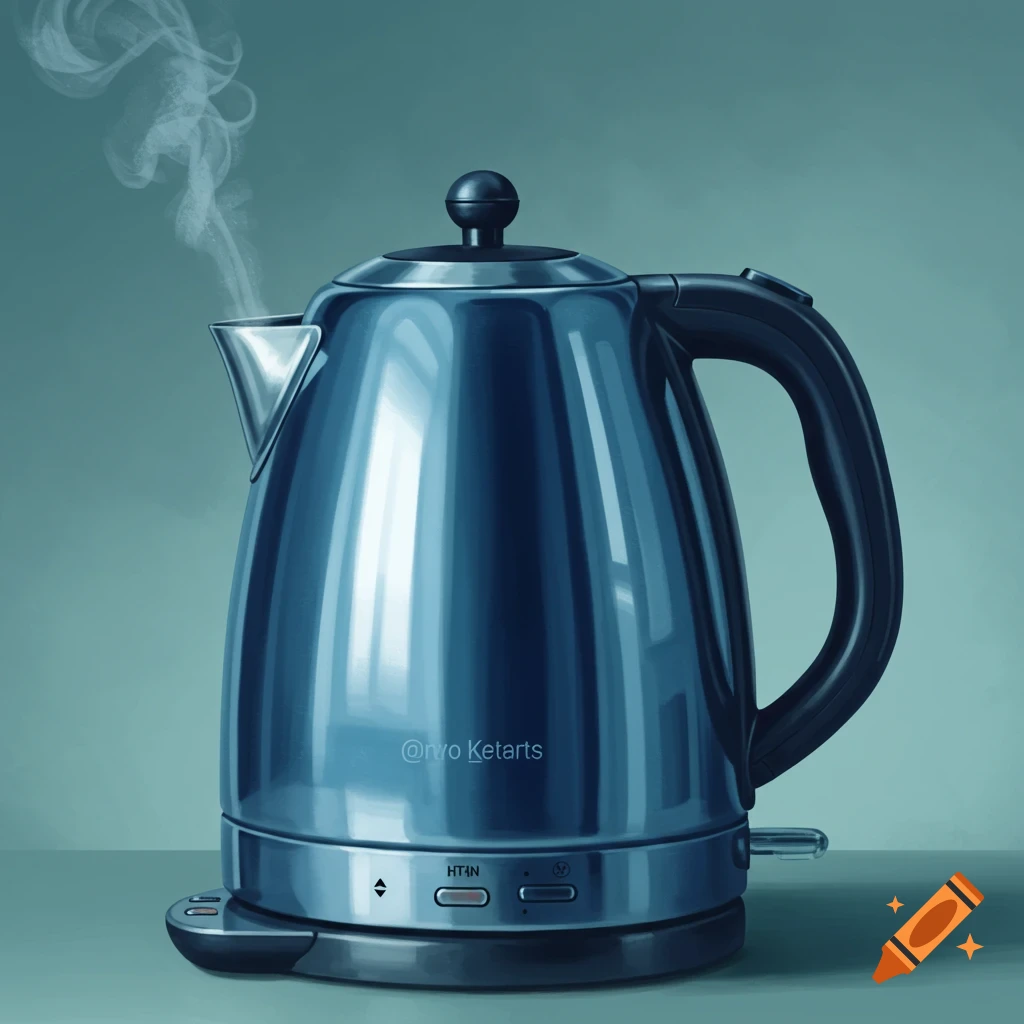 A steaming blue electric kettle on a surface.