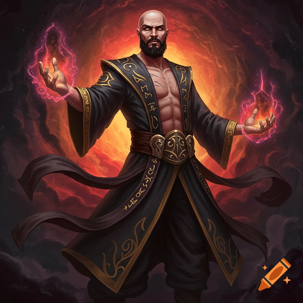 A bald sorcerer casts magic with fiery hands against a red and orange background.