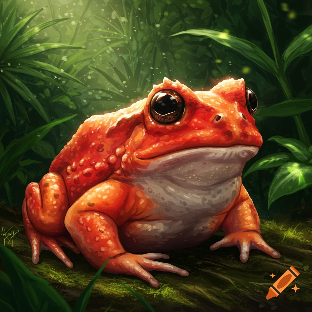 A large orange tomato frog sits on a log in a lush green jungle.