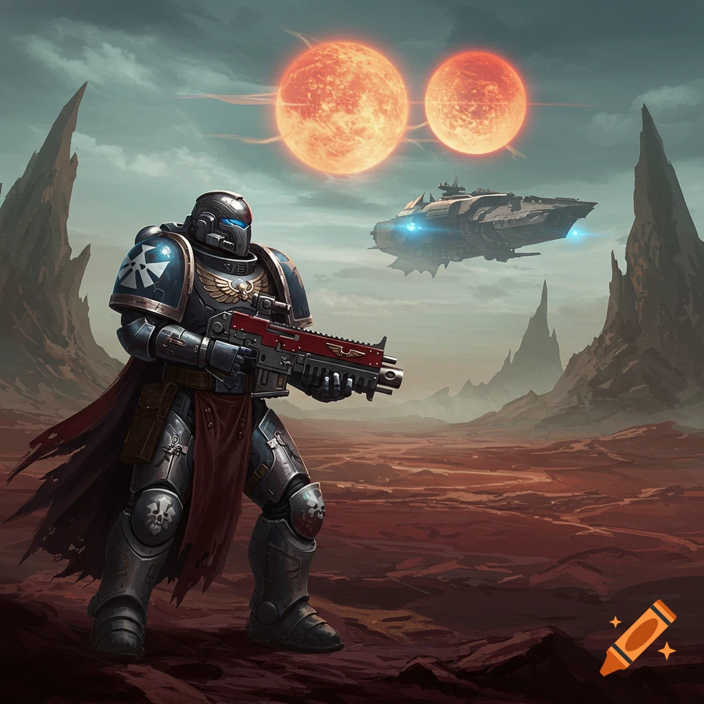 A space marine in armor stands on a red alien planet with two suns and a spaceship in the sky.