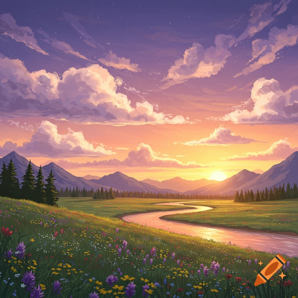 A river flows through a meadow of wildflowers towards mountains at sunset.